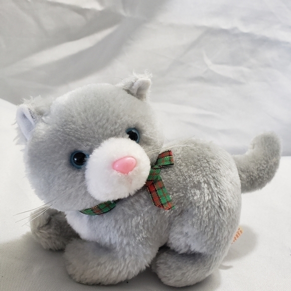 Vintage Russ Luv Pets Kitten Cat Gray White 8" Blue Eyes Pink Nose Plaid Bow - Picture 7 of 7